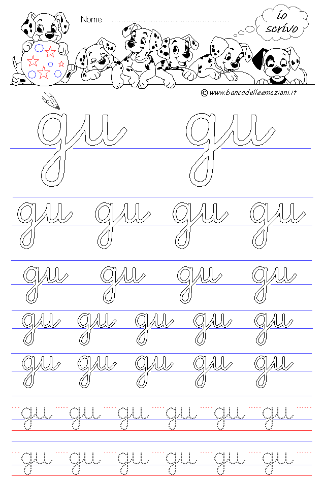 lettere gu - Corsivo Minuscolo - scrivere con la traccia