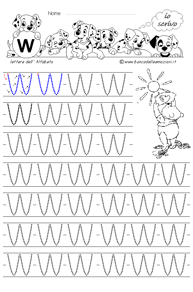 Alfabeto Stampatello maiuscolo lettera W con traccia