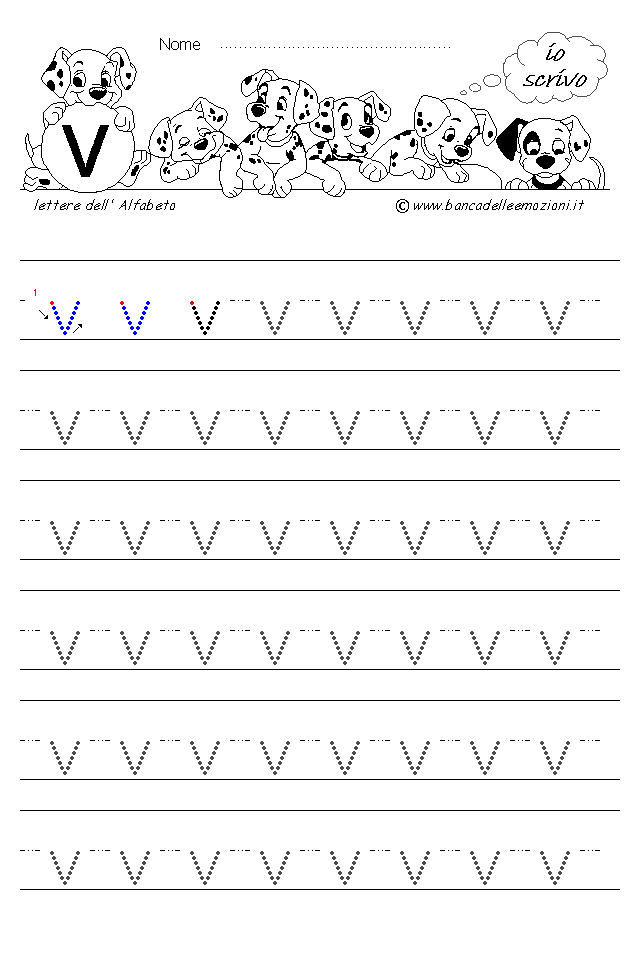 Alfabeto Stampatello minuscolo lettera v con traccia