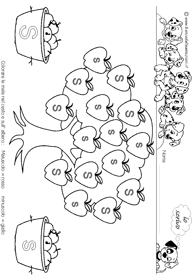 Alfabeto - Stampatello maiuscolo minuscolo colora le mele con la lettera Ss