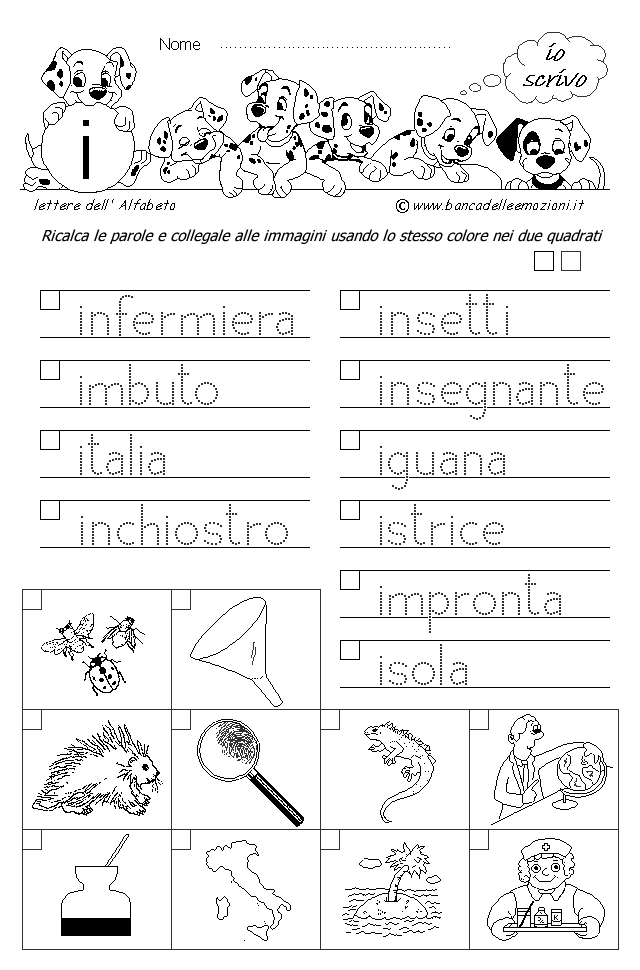 Alfabeto - scrivere parole e collegare le immagini - Lettera i