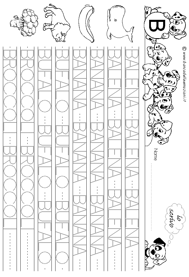 Alfabeto lettera B - scrivere parole in stampatello maiuscolo con traccia