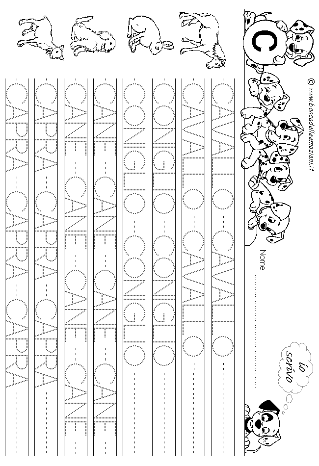 Alfabeto lettera C - scrivere parole in stampatello maiuscolo con traccia
