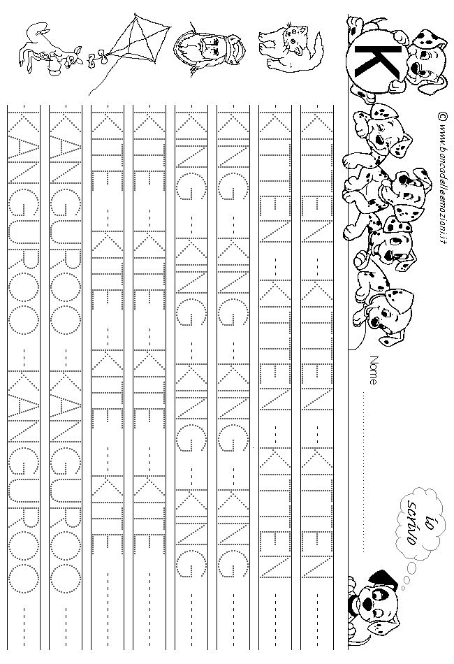 Alfabeto lettera K - scrivere parole in stampatello maiuscolo con traccia