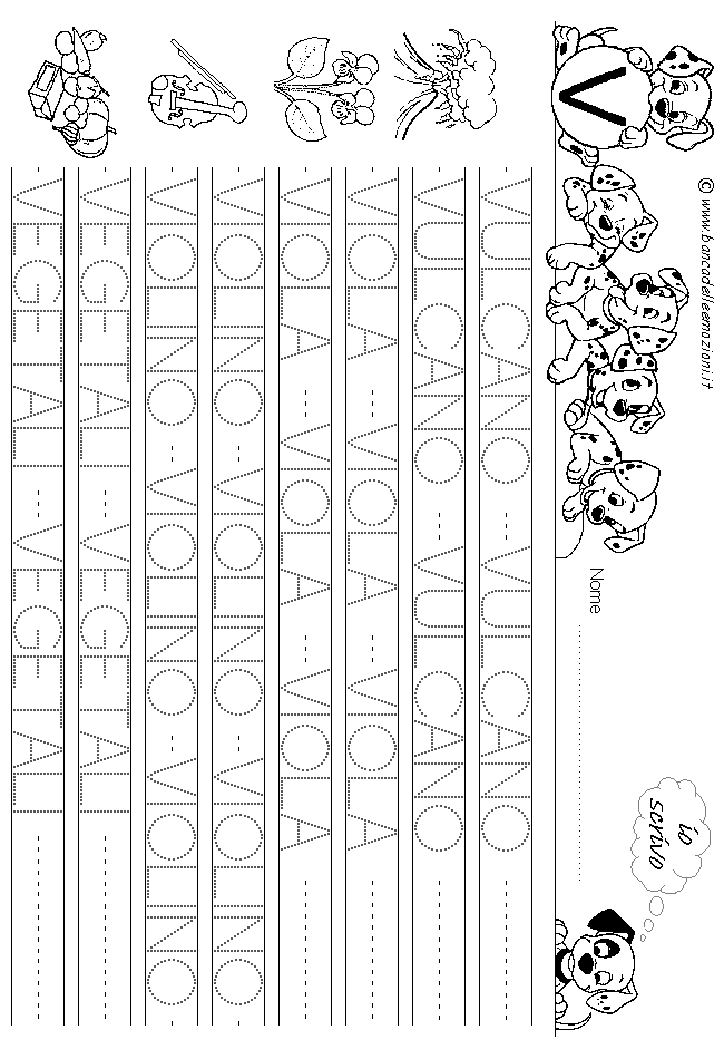 Alfabeto lettera V - scrivere parole in stampatello maiuscolo con traccia