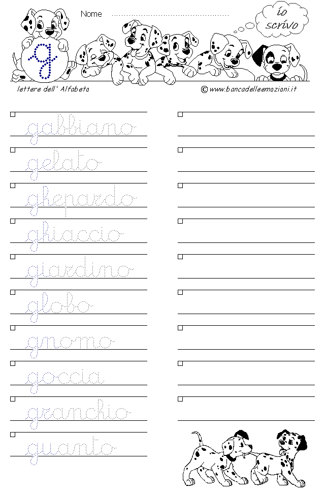 Alfabeto lettera g - Corsivo minuscolo con traccia