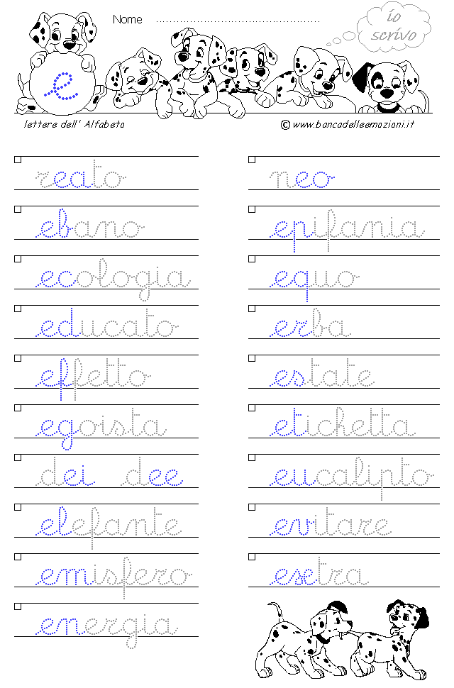 Alfabeto lettera e - Corsivo minuscolo con traccia