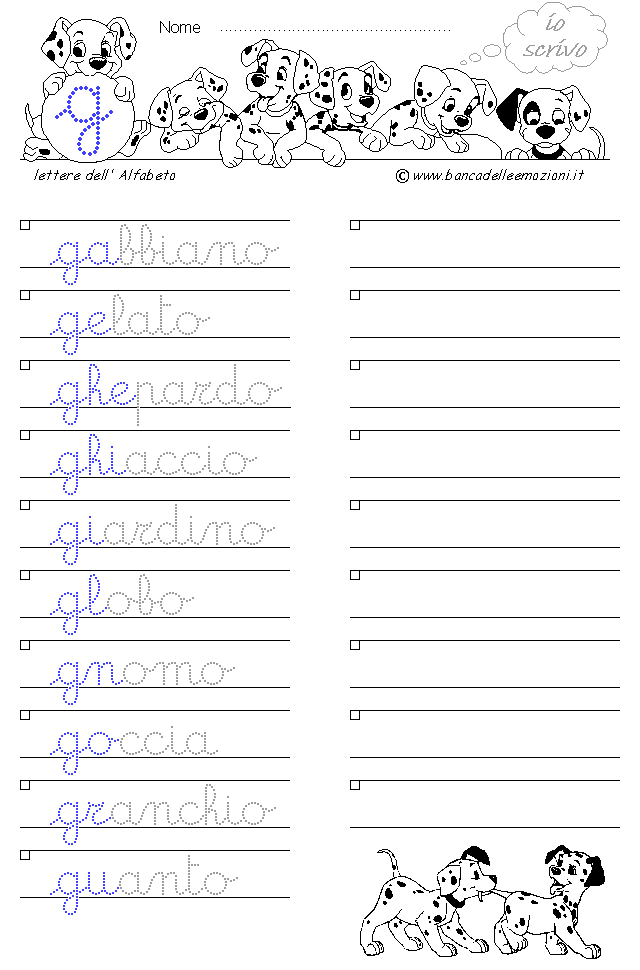 Alfabeto lettera g - Corsivo minuscolo con traccia