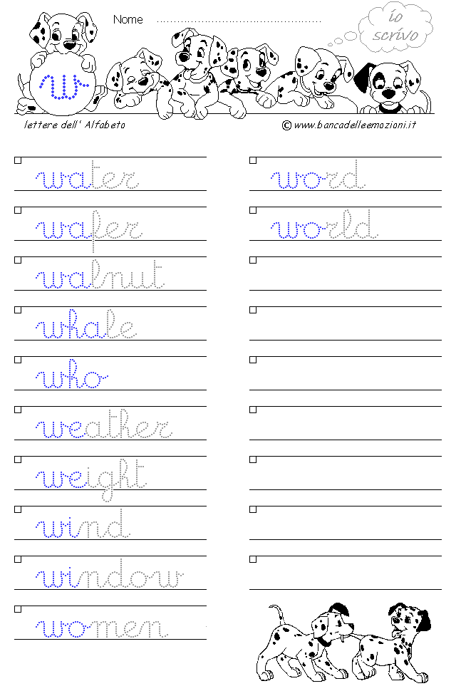 Alfabeto lettera w - Corsivo minuscolo con traccia