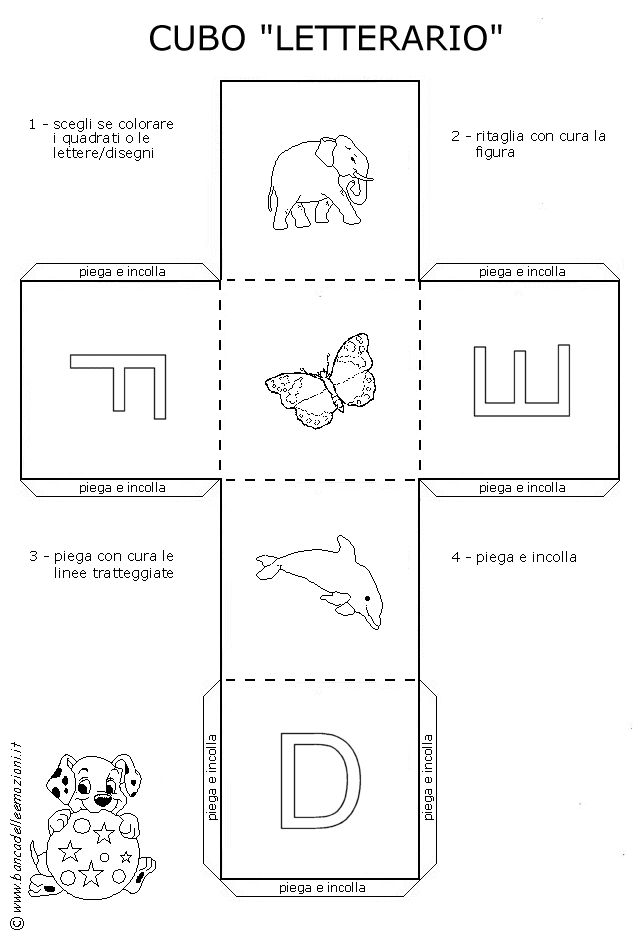 Cubo Letterario - Lettere dell' alfabeto in stampatello maiuscolo con traccia - colora ritaglia e incolla