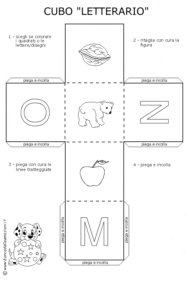 Cubo Letterario - Lettere dell' alfabeto in stampatello maiuscolo con traccia - colora ritaglia e incolla