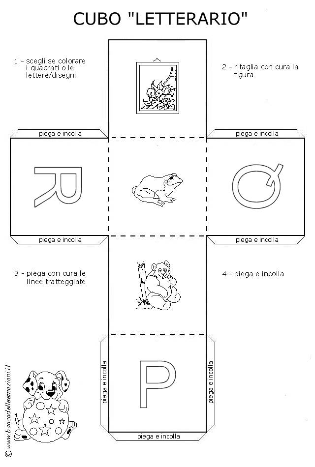 Cubo Letterario - Lettere dell' alfabeto in stampatello maiuscolo con traccia - colora ritaglia e incolla