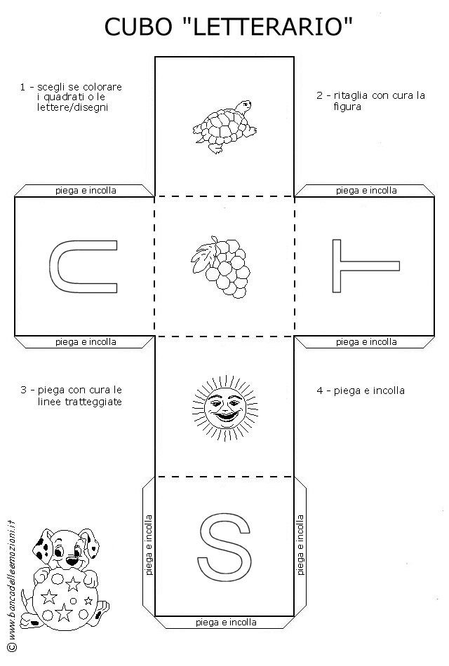 Cubo Letterario - Lettere dell' alfabeto in stampatello maiuscolo con traccia - colora ritaglia e incolla