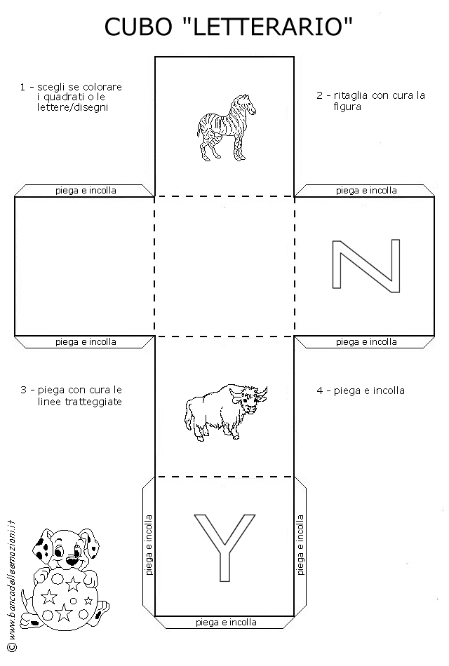 Cubo Letterario - Lettere dell' alfabeto in stampatello maiuscolo con traccia - colora ritaglia e incolla