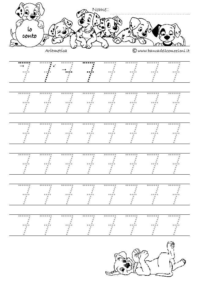 Aritmetica - Conoscere i numeri - numero 7 sette - scrivere con la traccia