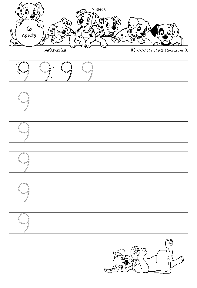 Aritmetica - Conoscere i numeri - numero 9 nove - scrivere senza la traccia