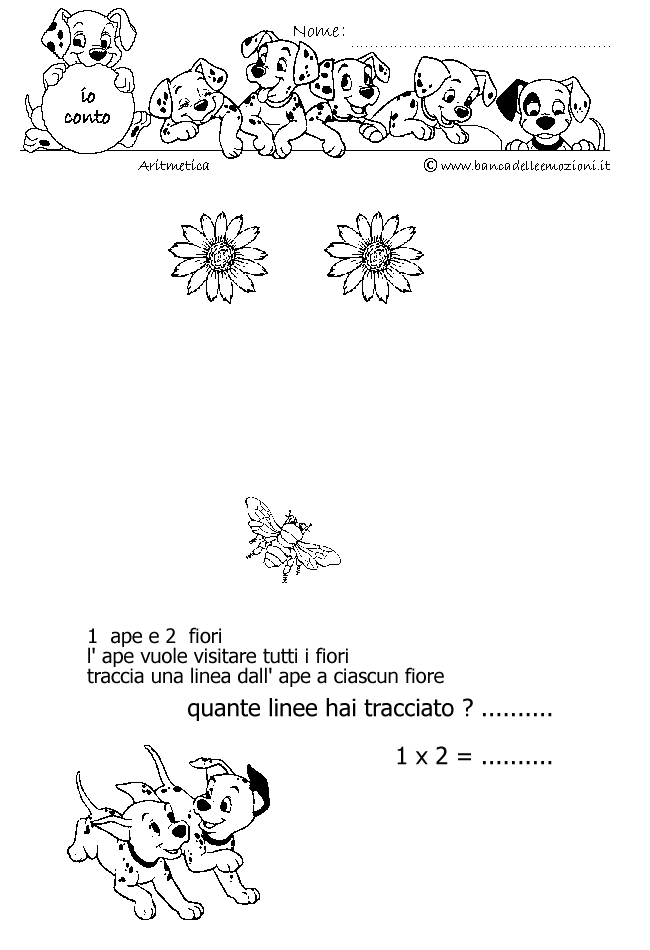 Aritmetica - Conoscere i numeri - Moltiplicazione - moltiplichiamo 1 - 1 ape e 2 fiori