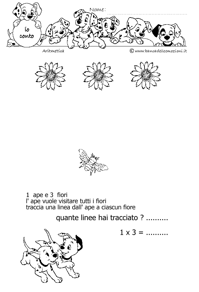 Aritmetica - Conoscere i numeri - Moltiplicazione - moltiplichiamo 1 - 1 ape e 3 fiori