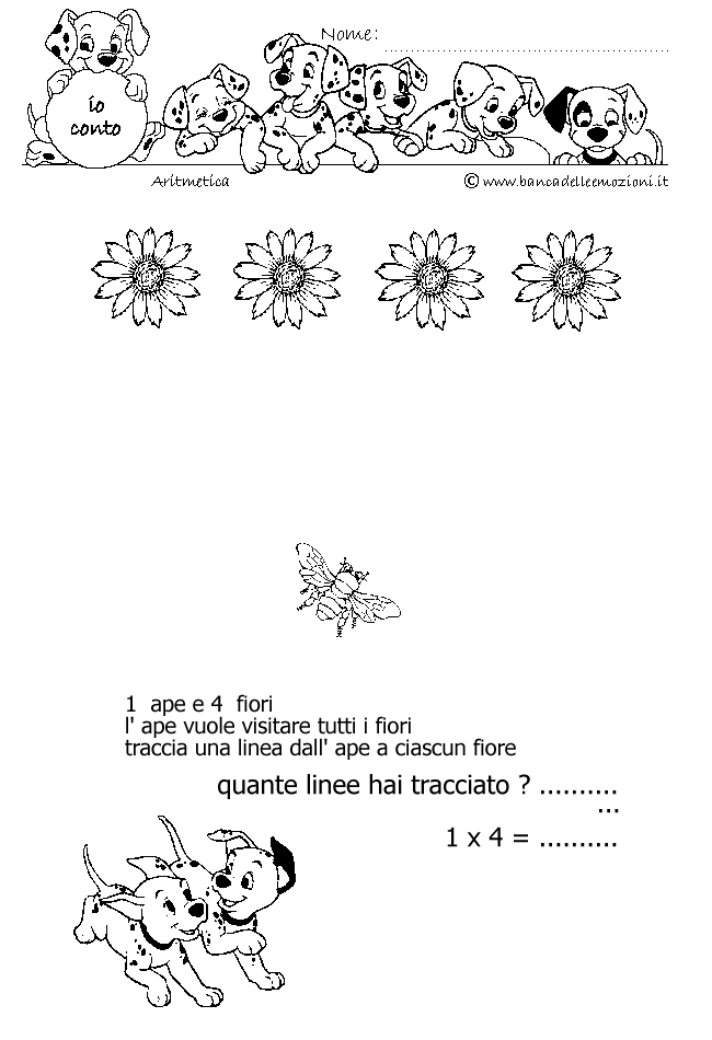 Aritmetica - Conoscere i numeri - Moltiplicazione - moltiplichiamo 1 - 1 ape e 4 fiori