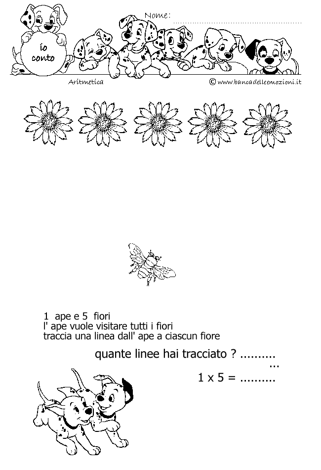 Aritmetica - Conoscere i numeri - Moltiplicazione - moltiplichiamo 1 - 1 ape e 5 fiori