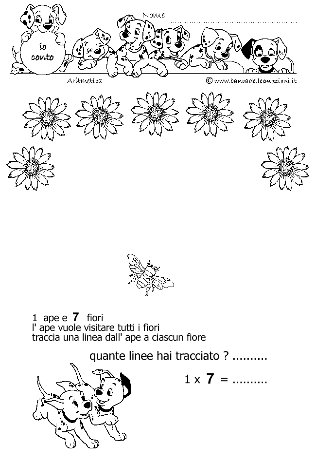 Aritmetica - Conoscere i numeri - Moltiplicazione - moltiplichiamo 1 - 1 ape e 7 fiori