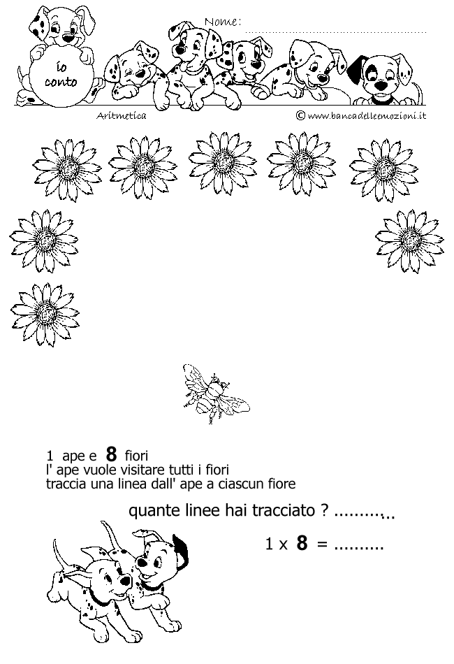 Aritmetica - Conoscere i numeri - Moltiplicazione - moltiplichiamo 1 - 1 ape e 8 fiori