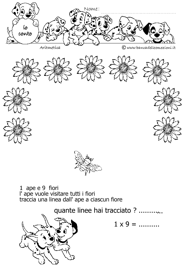 Aritmetica - Conoscere i numeri - Moltiplicazione - moltiplichiamo 1 - 1 ape e 9 fiori