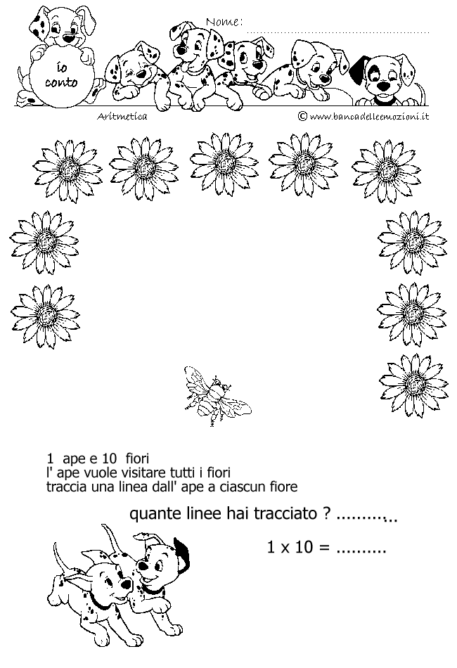 Aritmetica - Conoscere i numeri - Moltiplicazione - moltiplichiamo 1 - 1 ape e 10 fiori