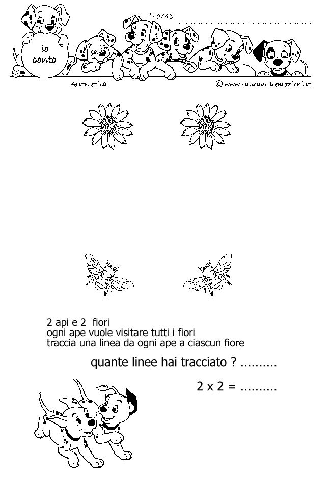 Aritmetica - Conoscere i numeri - Moltiplicazione - moltiplichiamo 2 - 2 api e 2 fiori