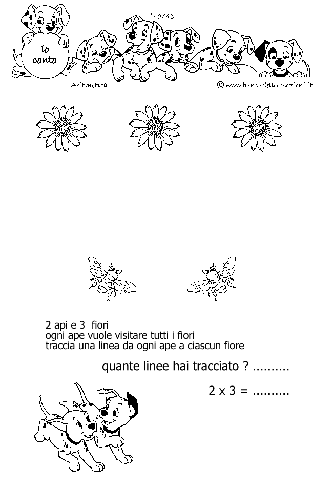 Aritmetica - Conoscere i numeri - Moltiplicazione - moltiplichiamo 2 - 2 api e 3 fiori