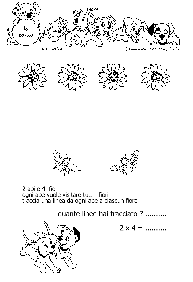 Aritmetica - Conoscere i numeri - Moltiplicazione - moltiplichiamo 2 - 2 api e 4 fiori