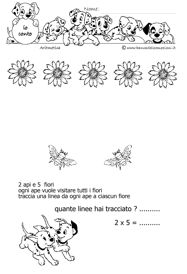 Aritmetica - Conoscere i numeri - Moltiplicazione - moltiplichiamo 2 - 2 api e 5 fiori