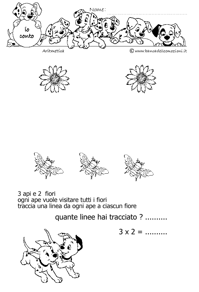 Aritmetica - Conoscere i numeri - Moltiplicazione - moltiplichiamo 3 - 3 api e 2 fiori