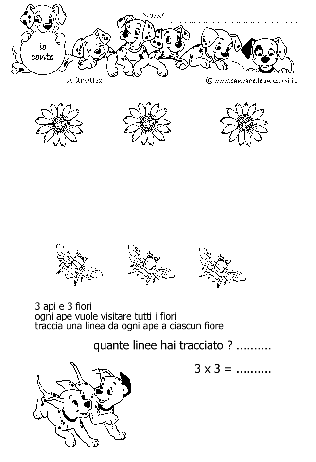 Aritmetica - Conoscere i numeri - Moltiplicazione - moltiplichiamo 3 - 3 api e 3 fiori