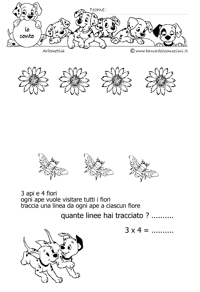 Aritmetica - Conoscere i numeri - Moltiplicazione - moltiplichiamo 3 - 3 api e 4 fiori