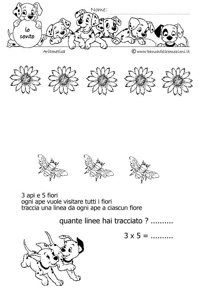 Aritmetica - Conoscere i numeri - Moltiplicazione - moltiplichiamo 3 - 3 api e 5 fiori