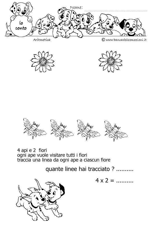 Aritmetica - Conoscere i numeri - Moltiplicazione - moltiplichiamo 4 - 4 api e 2 fiori