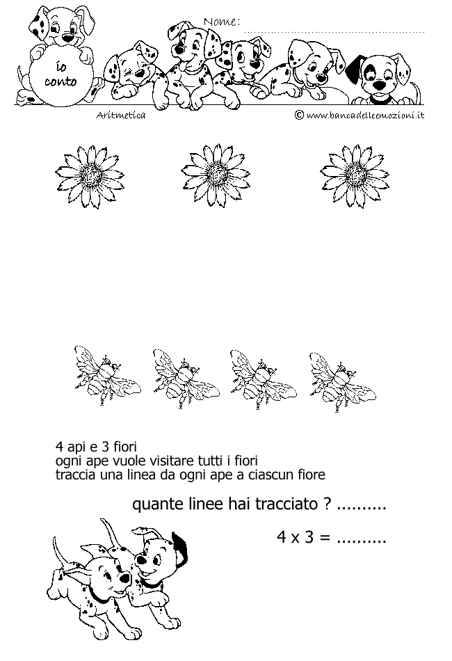 Aritmetica - Conoscere i numeri - Moltiplicazione - moltiplichiamo 4 - 4 api e 3 fiori