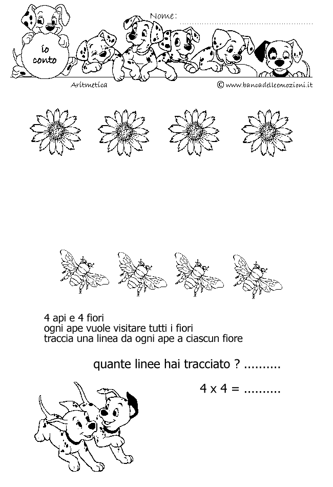 Aritmetica - Conoscere i numeri - Moltiplicazione - moltiplichiamo 4 - 4 api e 4 fiori