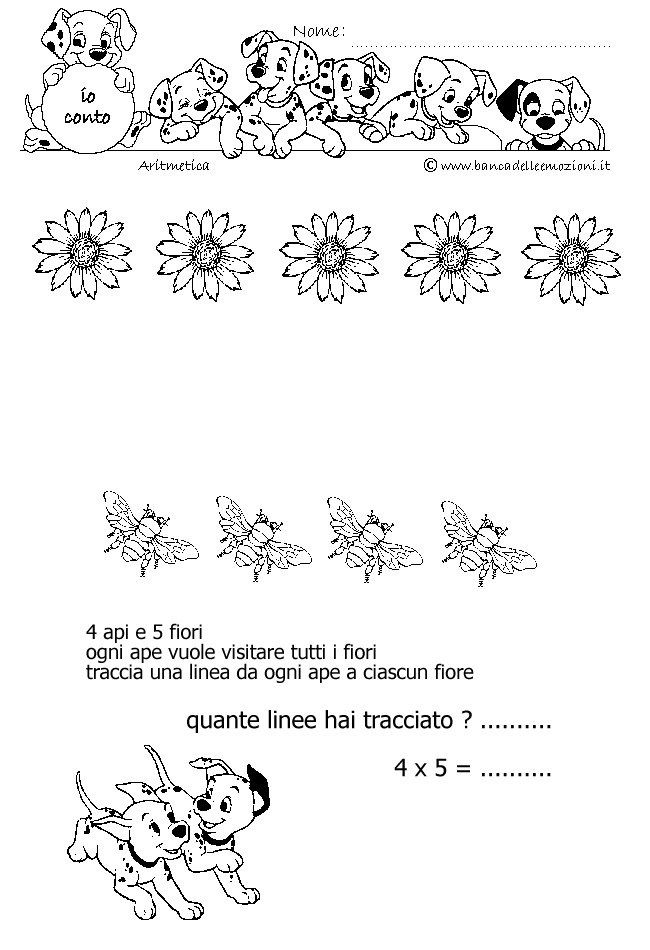 Aritmetica - Conoscere i numeri - Moltiplicazione - moltiplichiamo 4 - 4 api e 5 fiori