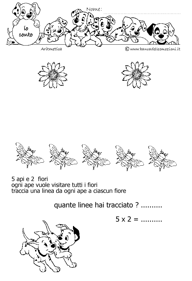 Aritmetica - Conoscere i numeri - Moltiplicazione - moltiplichiamo 5 - 5 api e 2 fiori