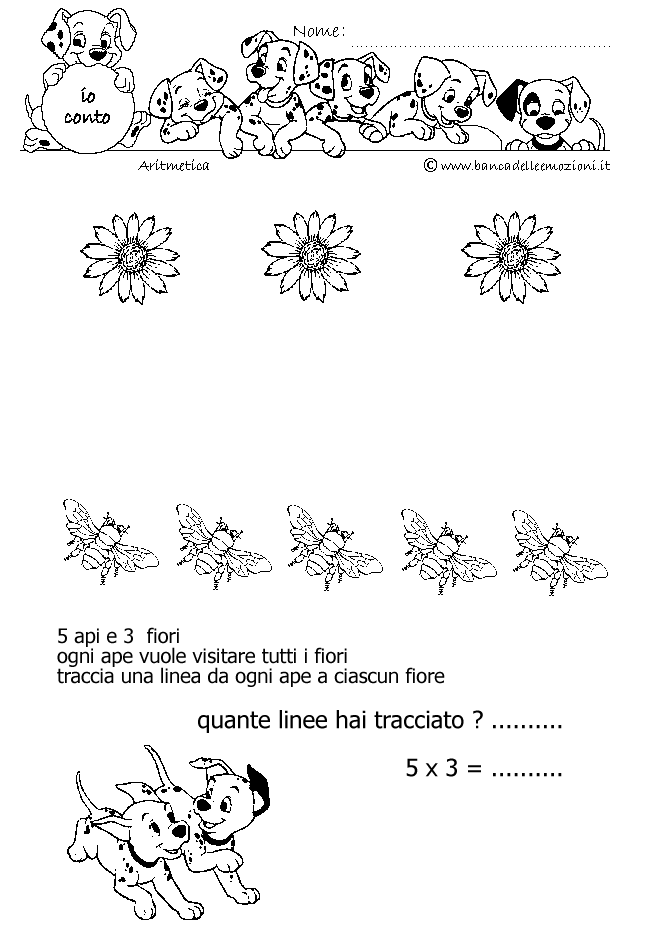 Aritmetica - Conoscere i numeri - Moltiplicazione - moltiplichiamo 5 - 5 api e 3 fiori