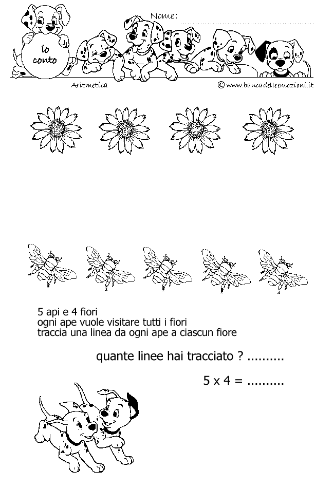 Aritmetica - Conoscere i numeri - Moltiplicazione - moltiplichiamo 5 - 5 api e 4 fiori