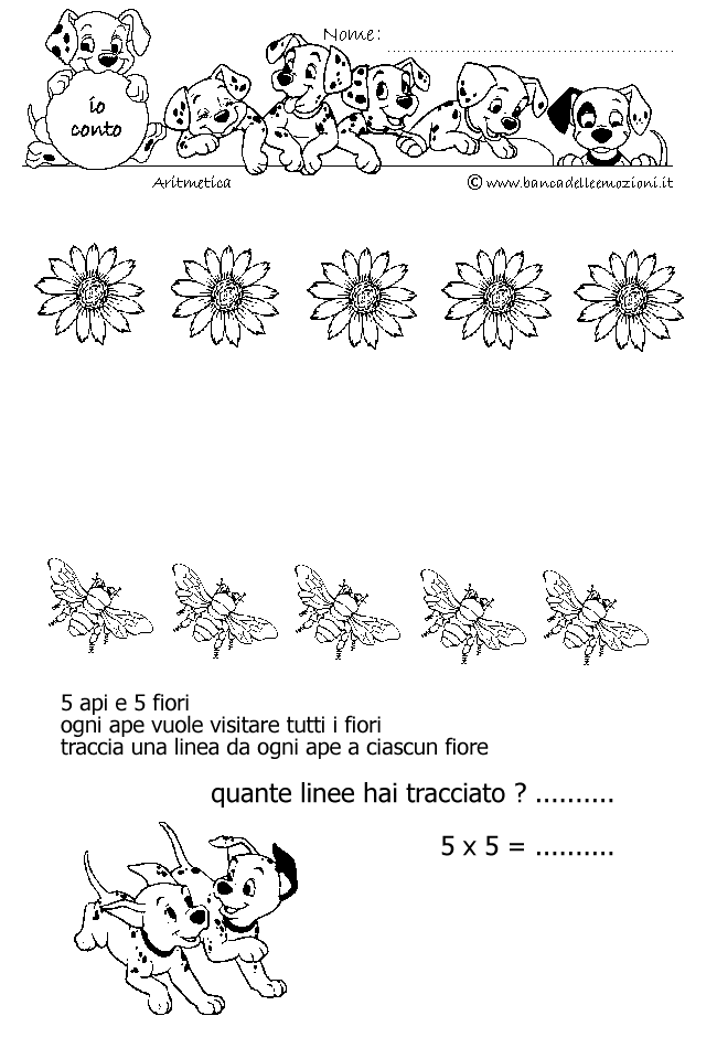 Aritmetica - Conoscere i numeri - Moltiplicazione - moltiplichiamo 5 - 5 api e 5 fiori