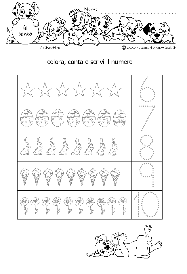 Aritmetica - Conoscere i numeri - Colora Conta e Scrivi oggetti e numeri con traccia dal 6 al 10