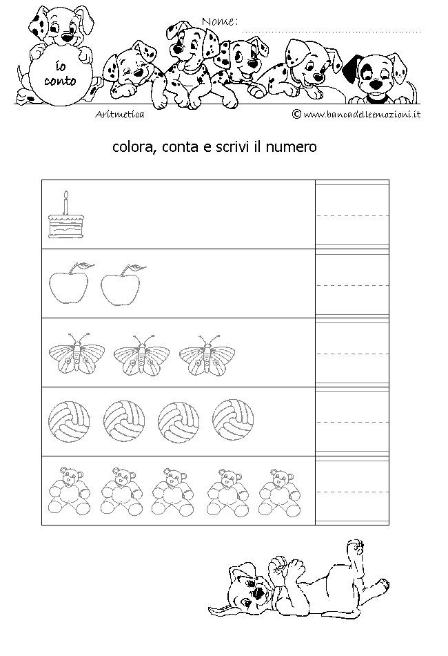 Aritmetica - Conoscere i numeri - Colora Conta e Scrivi oggetti e numeri senza traccia dal 1 al 5