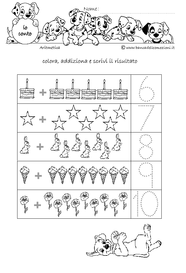 Aritmetica - ADDIZIONE numero 1 addiziona gli oggetti con traccia da 5 a 9