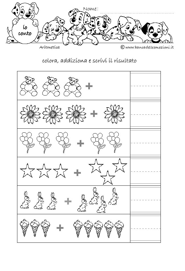 Aritmetica - ADDIZIONE numero 3 addiziona gli oggetti senza traccia da 0 a 5