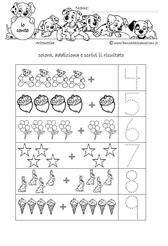 Aritmetica - ADDIZIONE numero 4 addiziona gli oggetti con traccia da 0 a 5