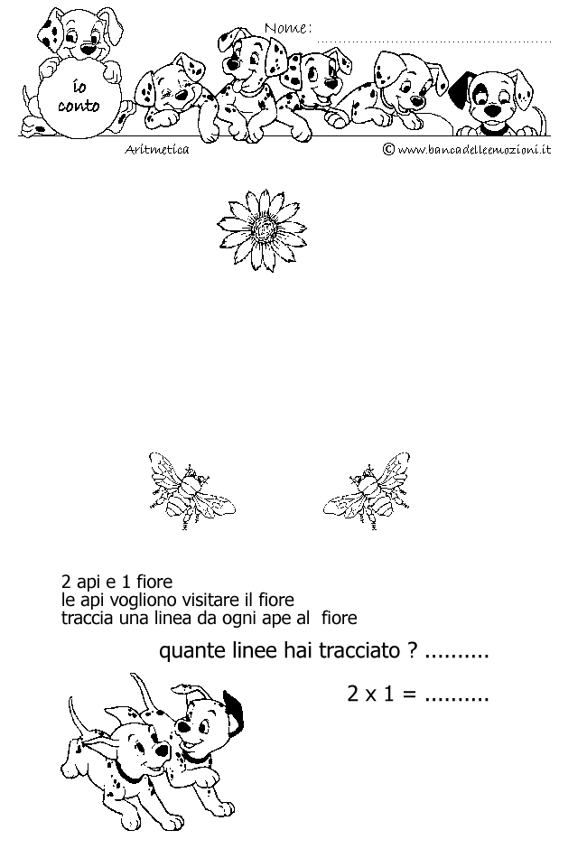 Aritmetica - Conoscere i numeri - Moltiplicazione - moltiplichiamo 2 - 2 api e 1 fiore